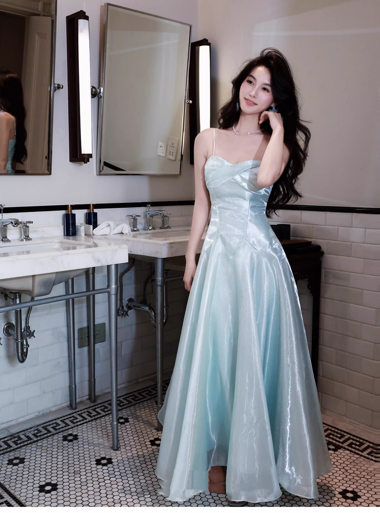 Shiny Blue Organza A Line Long Birthday Party Dress 20th Birthday Outfits SP2012