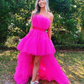 Hot Pink High Low Tulle Prom Dresses, Hot Pink High Low Formal Graduation Dresses Y5609
