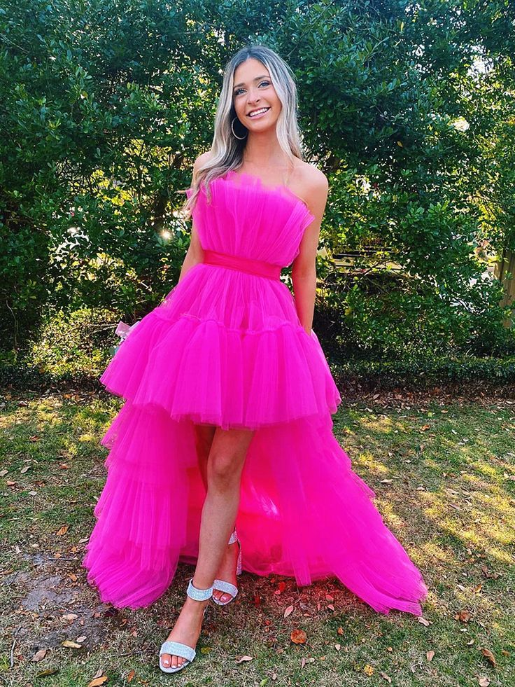 Hot Pink High Low Tulle Prom Dresses, Hot Pink High Low Formal Graduation Dresses Y5609