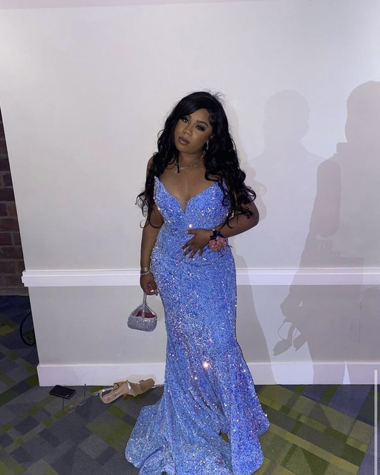 Glitter Blue Sequins Mermaid Evening Dress For Black Girls Y5115