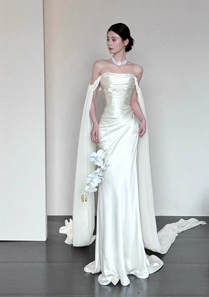 Glamorous Off The Shoulder Satin Chiffon Mermaid Long Evening Dress White Birthday Prom Dress SP2021
