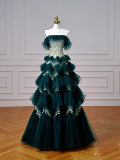 Vintage Dark Green Tulle Sequins Layered A Line Prom Dress,Strapless Evening Dress Y8606