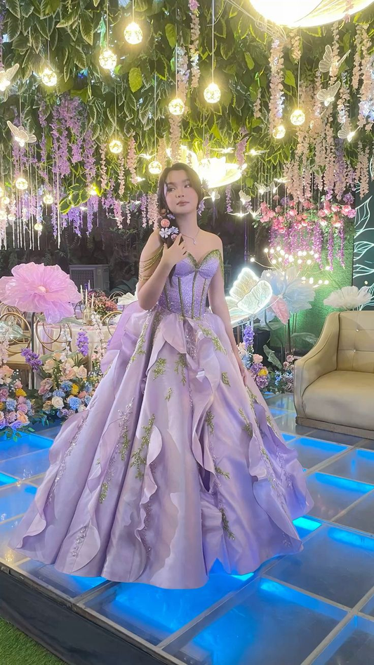 Charming Off The Shoulder Purple Satin Beaded Quinceanera Dress Sweet 16 Dress SP1308