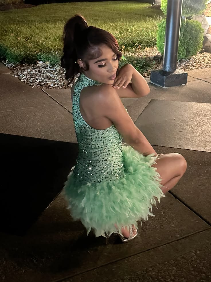 Sexy Halter Green Sequin Feathers Short Homecoming Dress Cocktail Dress SP3890