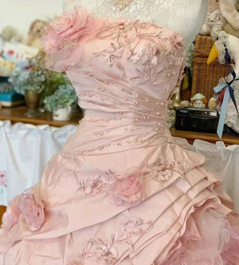 Pretty Pink Strapless Tulle Satin Appliques Sweet 16 Dress Ball Gown SP482