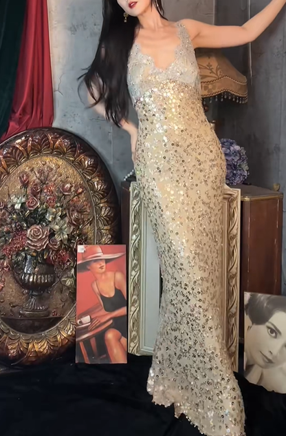 Sparkly V Neck Sequin Lace Mermaid Long Party Dress Birthday Prom Dresses SP1251