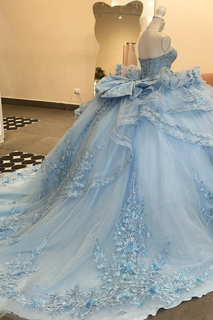Pretty Strapless Blue Tulle Sequins Appliques Ruffles Tiered Bow Knot Sweet 15 Dress Quinceanera Dress SP571