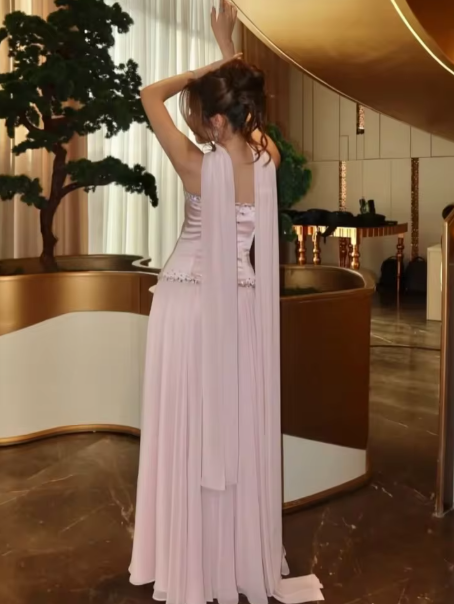 Elegant Strapless Pink Satin Beaded Chiffon Mermaid Party Dress Prom Dress With Ribbon SP536