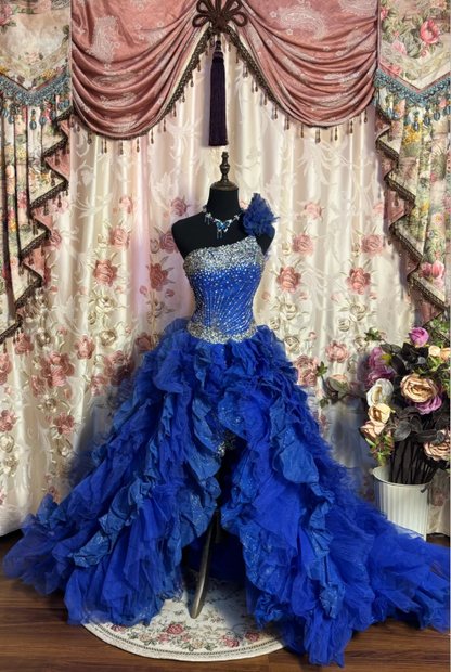 Charming One Shoulder Royal Blue Beaded Tulle Pleated Ruffles Long Prom Dress Mermaid Evening Dresses SP1604