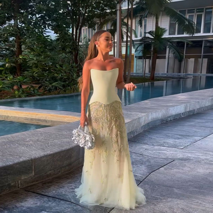 Classy Strapless Blue Satin Tulle Beaded Long Party Dress Formal Wedding Guest Dress SP357