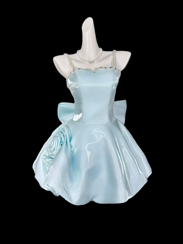 Glamorous Spaghetti Straps Satin Beaded Short Graduation Homecoming Dress,Blue Mini Birthday Outfits SP3513