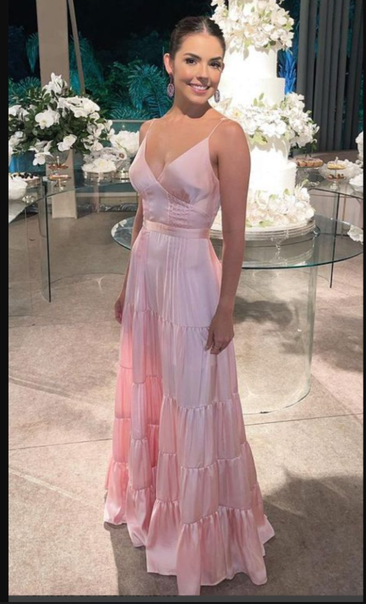 Pink A-line Spaghetti Straps V-neck Maxi Long Prom Dresses,Evening Dresses Y5104