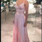 Pink A-line Spaghetti Straps V-neck Maxi Long Prom Dresses,Evening Dresses Y5104