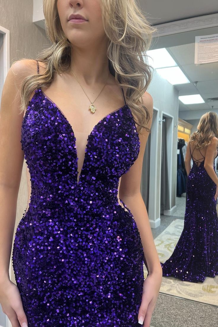 Purple Sequin Straps Mermaid Long Prom Dress Y5642