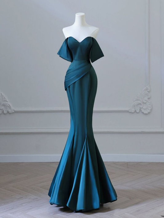 Simple Off Shoulder Satin Ink Blue Long Prom Dress, Ink Blue Long Formal Dress Y7348