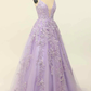 Lilac A-line V Neck Tulle Applique Lace-Up Back Long Prom Dress,Y2464