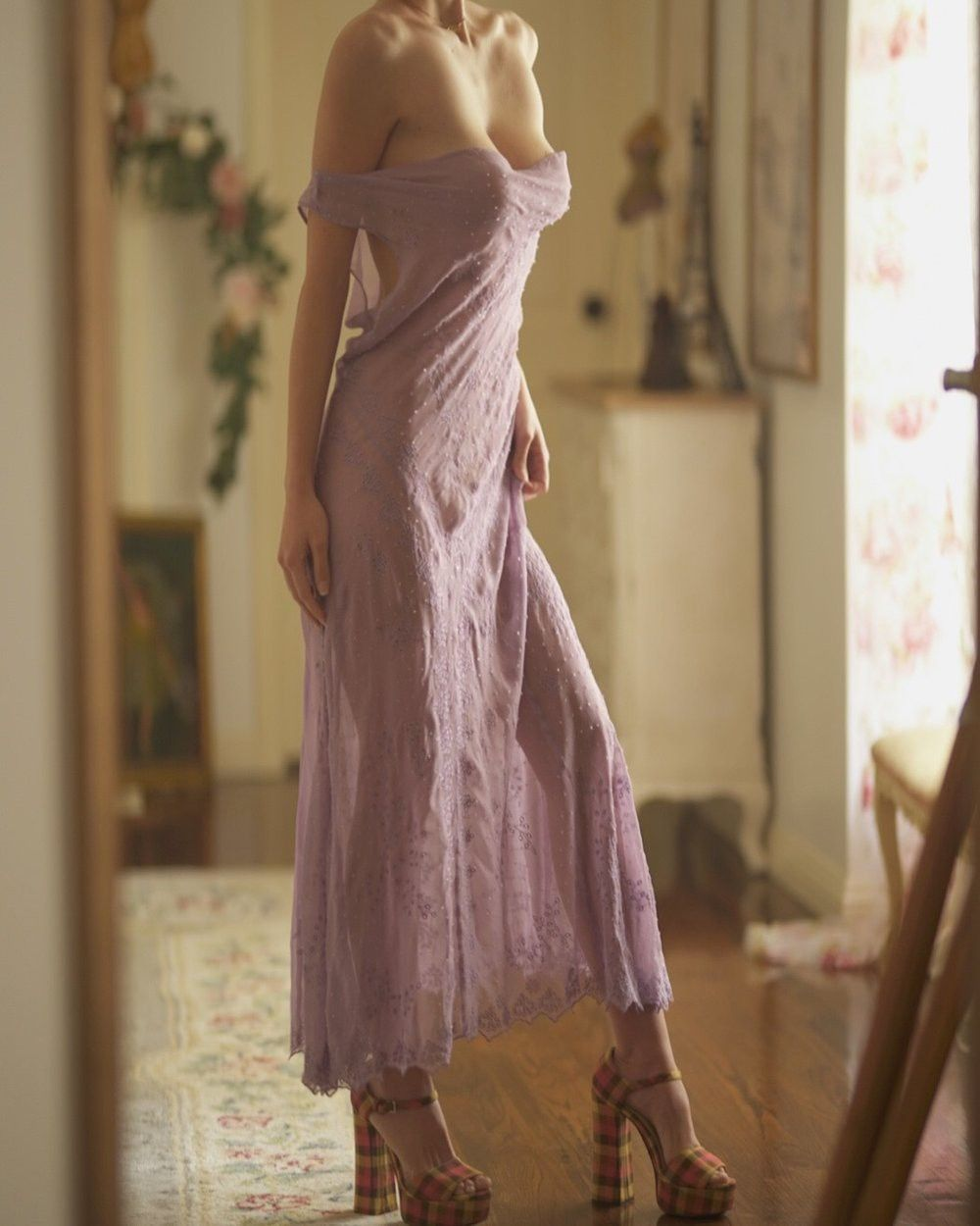 Elegant Off The Shoulder Chiffon Mermaid Long Wedding Guest Dress,Lilac Long Party Dress SP3383
