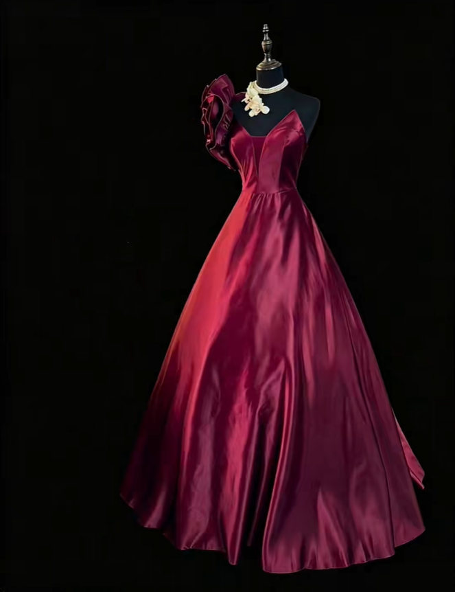 Vintage One Shoulder Ball Gown Burgundy Satin Ruffles Long Party Dress SP2768