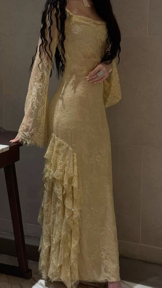 Classy Yellow Lace Mermaid  Long Wedding Guest Dress Birthday Party Dress SP1215