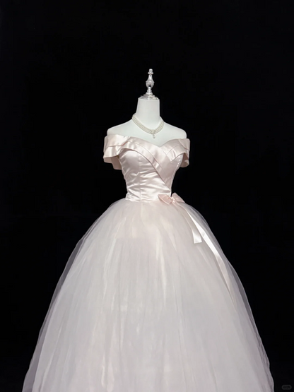 Elegant Off The Shoulder Ball Gown Light Pink Tulle Satin Long Birthday Party Dress SP2213