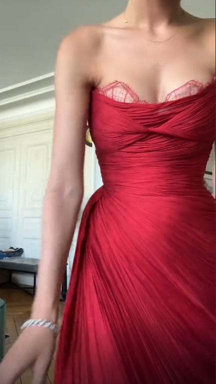 Sexy Red Strapless Lace Tulle Pleated Long Party Dress,Formal Wedding Guest Dress SP3106