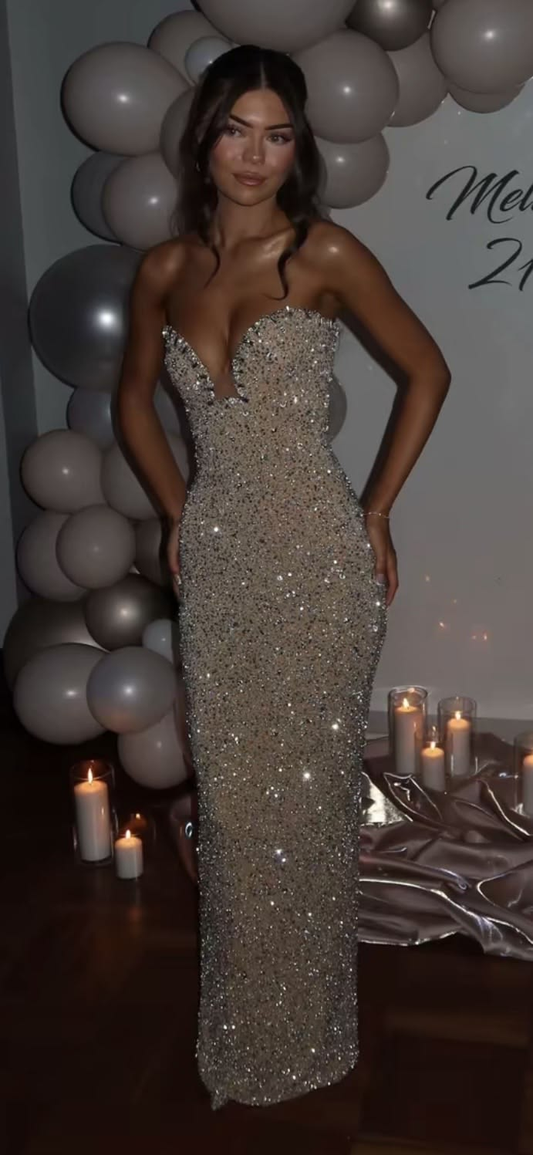 Gorgeous Champagne Strapless Sequin Beaded Sheath Long Party Dress Prom Gown SP2955