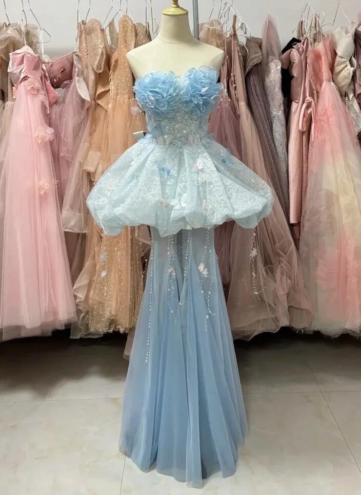 Fairy Strapless Tulle Lace Appliques Short 19th Birthday Outfits Light Blue Short Homecoming Dress SP3909