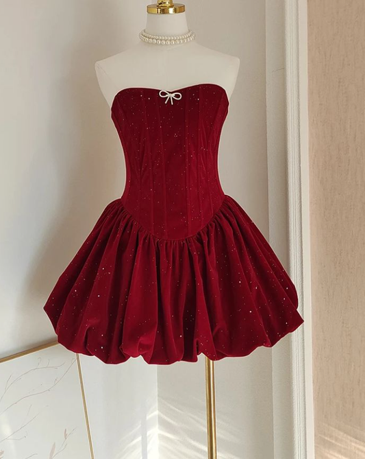 Cute Burgundy Velvet Homecoming Dress Pleated Shiny Cocktail Dress Y7752