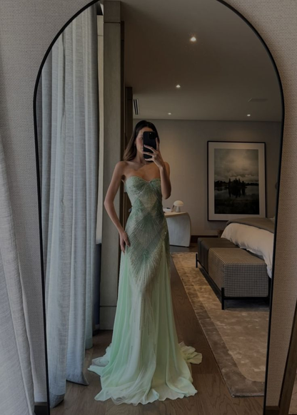 Gorgeous Strapless Green Tulle Beaded Mermaid Long Prom Dress Party Gown SP1000