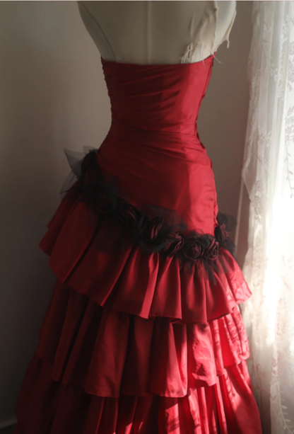 Vintage Red Strapless Satin Layered Mermaid Long Prom Dresses Evening Dress SP1174