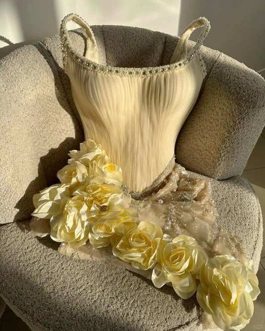 Pretty Spaghetti Straps Yellow 3D Flowers Tulle Beaded Short 8th Grade Homecoming Dress 17th Birthday Outfits Y9077