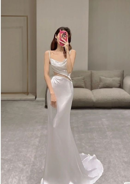 Classy White Spaghetti Straps Prom Dress,White Bridal Dress  Y7187