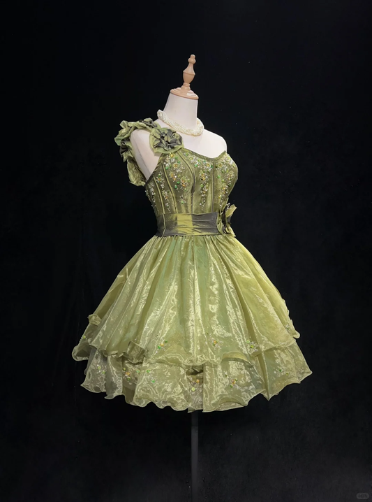 Pretty One Shoulder Sage Green Tulle Beaded A Line Short Graduation Homecoming Dress SP2905