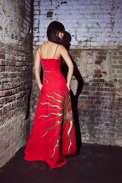 Luxury Red Satin Gold Sequins Prom Dress,Formal Evening Dress Y8200