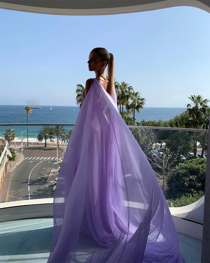 Simple Purple V Neck Tulle Prom Dress Long Evening Gown Y7774