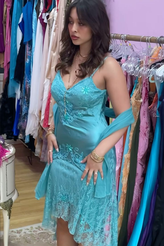 Fashion Spaghetti Straps V Neck Blue Lace Beaded Mermaid Party Dress Birthday Outfits With Ribbon SP813