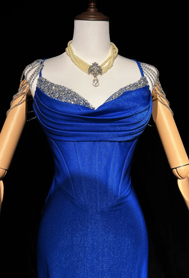 Charming Spaghetti Straps Royal Blue Satin Beaded Mermaid Long Evening Dress Birthday Prom Dress SP1961