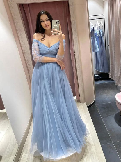 Simple blue tulle long prom dress blue tulle formal dress Y5579
