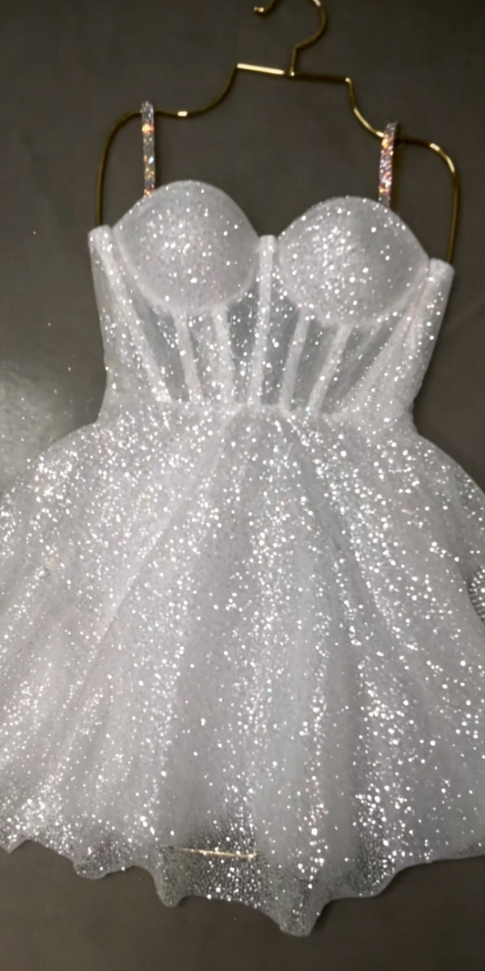 Shiny Spaghetti Straps White Tulle Sequin A Line Short Homecoming Dress Mini Birthday Dress SP3001