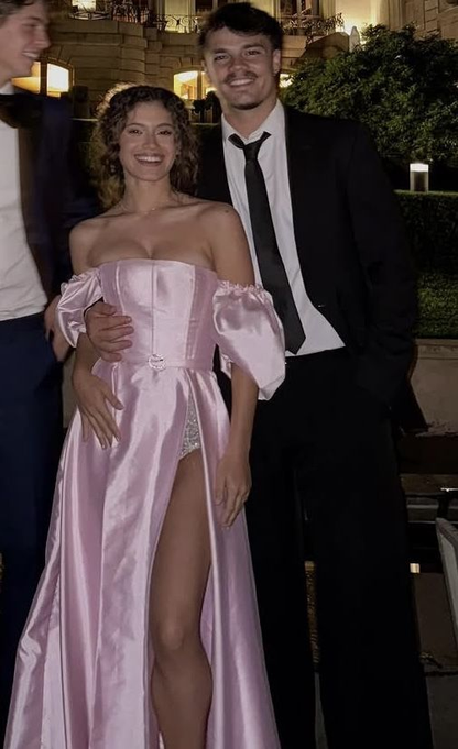 Chic Off The Shoulder Satin Slit A Line Long Birthday Party Dress Prom Gown SP1161