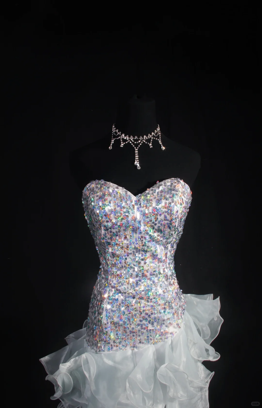 Glitter White Satin Tulle Ruffle Sequin Beaded Mini Birthday Outfits,Sweetheart Neck Sheath Short Cocktail Dress SP2835