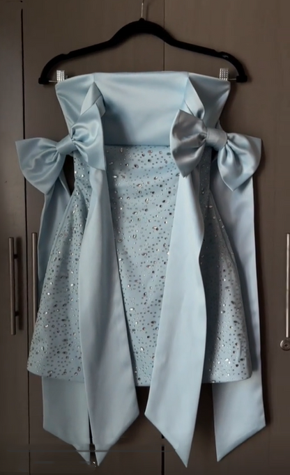 Pretty Blue Bow Straps Satin Beaded Short Homecoming Dress Birthday Outfits SP2647