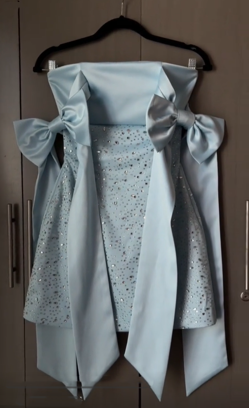 Pretty Blue Bow Straps Satin Beaded Short Homecoming Dress Birthday Outfits SP2647