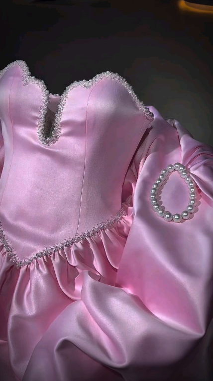 Elegant Pink Strapless Satin Beaded A Line Long Party Dress Birthday Prom Dress SP3027