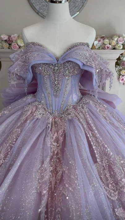 Glamorous Ball Gown Lilac Tulle Sequin Beaded  Quinceanera Dress Sweet 15 Dress With Bow SP4294