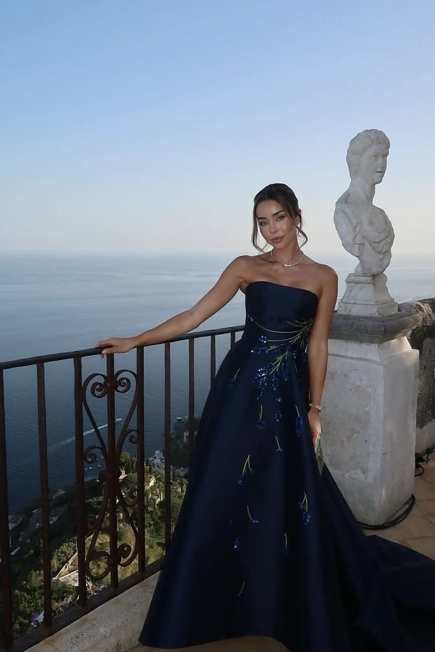 Elegant Strapless Navy Blue Satin Long Party Dress Birthday Prom Dresses SP4141
