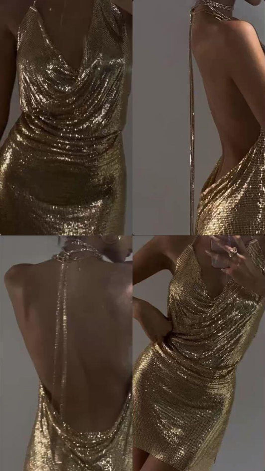 Charming Halter Sequin Backless Sheath Cocktail Dress,Gold Short 8th Grade Homecoming Dress SP2642