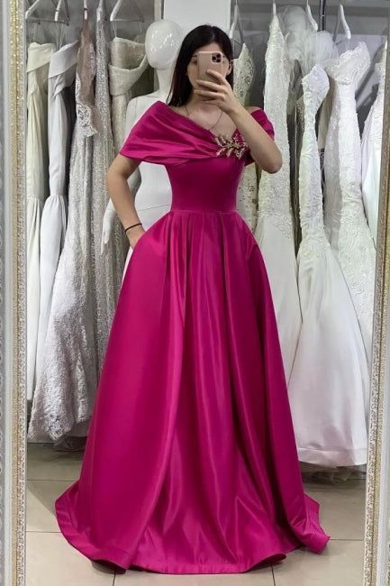 Fuchsia Off The Shoulder Satin Long Sexy Prom Dress With Pocket Y5149