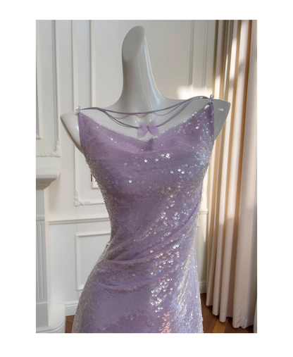 Sparkling Spaghetti Straps Purple Sequin Tulle Evening Dress Birthday Party Dress Y9027