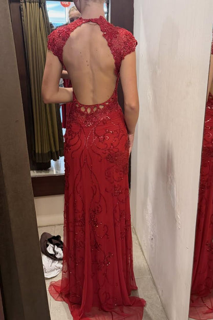 Pretty Red Chiffon Sequin Beaded Mermaid Long Party Dress Backless Long Birthday Prom Gown SP3907